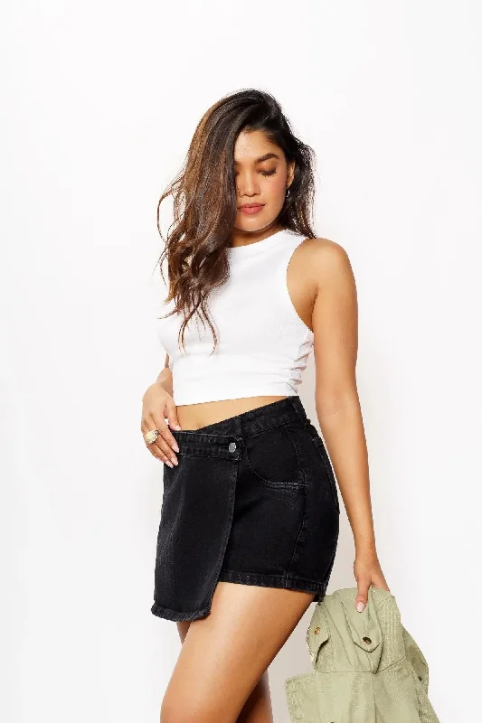 Casual Shorts for Beach Days-Asymmetric Waist Charcoal Denim Skorts