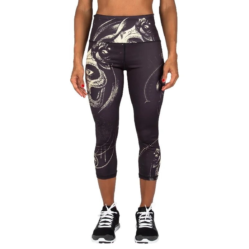 Custom Pants with Moisture-Wicking Technology-Venum Santa Muerte Cropped Leggings - Black/Yellow