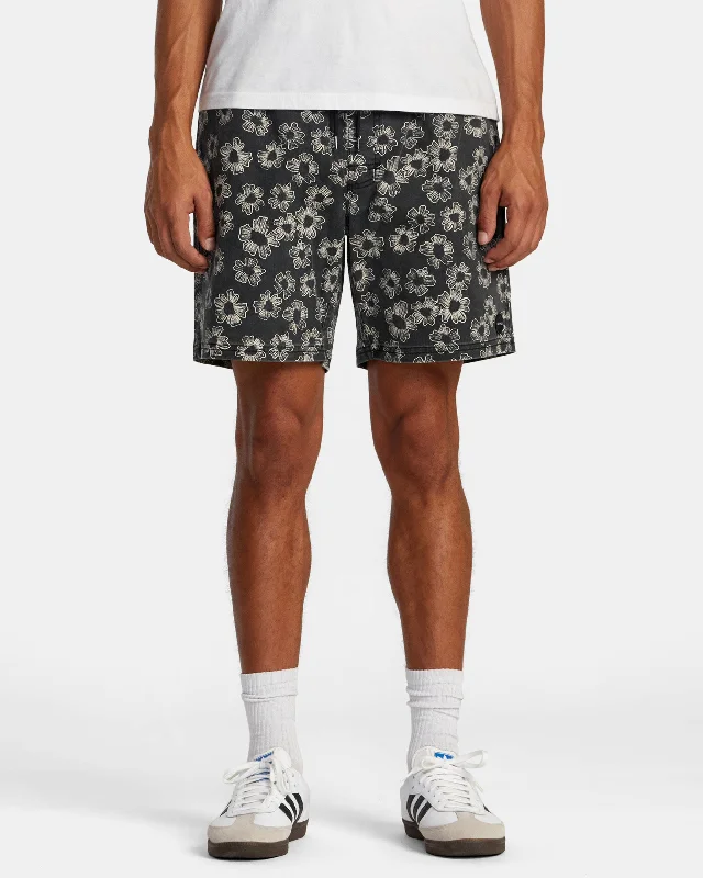 Sports Shorts with Adjustable Waistband-Escape Print 17" Shorts - Black Floral