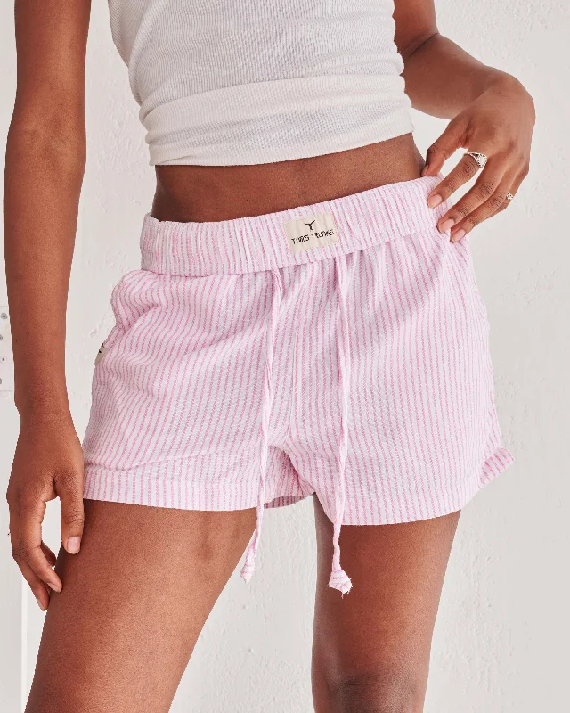 Sports Shorts for Women-White & Pink Pinstripe Short Shorts