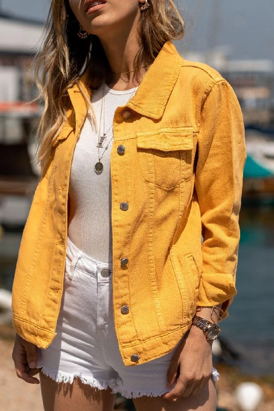 Jackets with Removable Linings-Women's Mustard Denim Jacket 8yxk4-30628-37