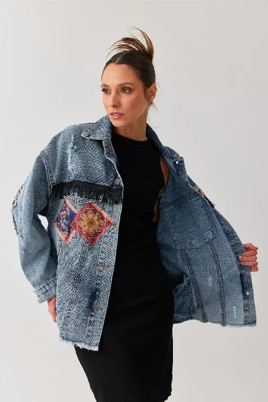 Ethnic Patterned Tasseled Oversize Pocket Denim Jacket