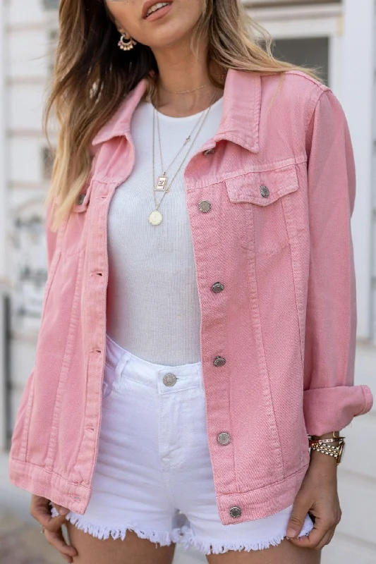 Jackets with Breathable Fabric-Women's Pink Denim Jacket 8YXK4-30628-20