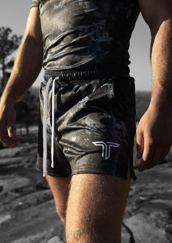 Recycled Fabric Shorts for Men-Blackout Hunter Camo Gym Shorts (5” & 7” Inseam)