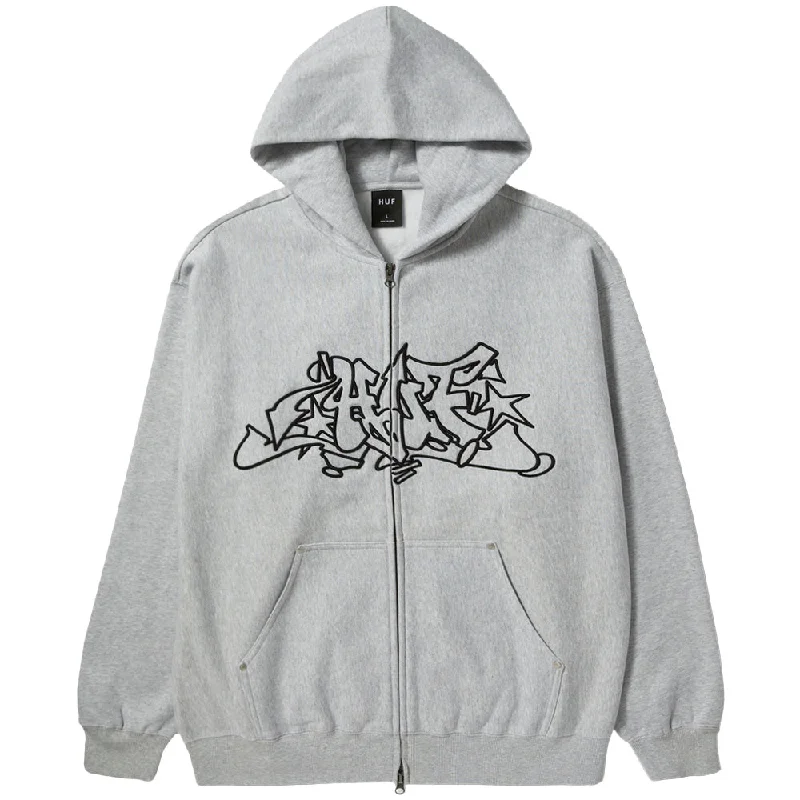 Custom Hoodies for Streetwear-HUF OUTLINES HEAVY WEIGHT FULL-ZIP FLEECE // HEATHER GREY