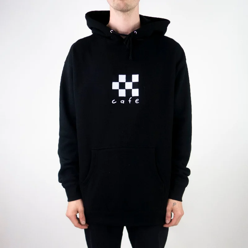 Custom Printed Hoodies-Skateboard Cafe Checkerboard Embroidered Hoodie - Black