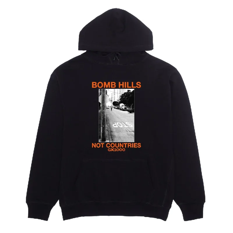 Custom Hoodies with College Logos-GX1000 BOMB HILLS NOT COUNTRIES HOODIE BLACK