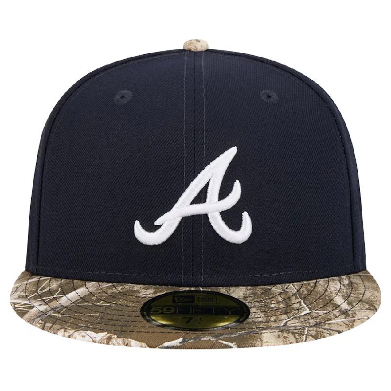 Custom Hats with Logos for Corporate Gifts-New Era Atlanta Braves Navy Realtree Camo 59FIFTY Fitted Hat