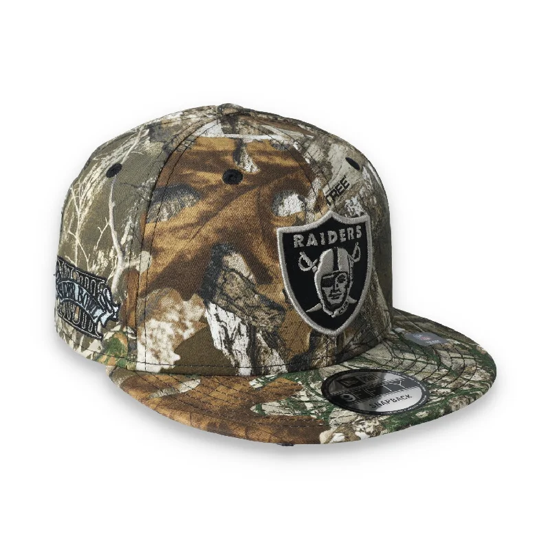 Custom Hats for Summer Wear-New Era Las Vegas Raiders Super Bowl XVIII 9FIFTY Snapback Hat-Real Tree Camo