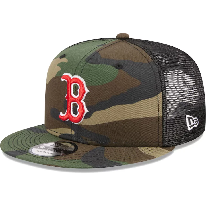 Custom Hats for Festivals-New Era New Boston Red Sox Woodland Trucker 9FIFTY Snapback Hat-Camo/Black