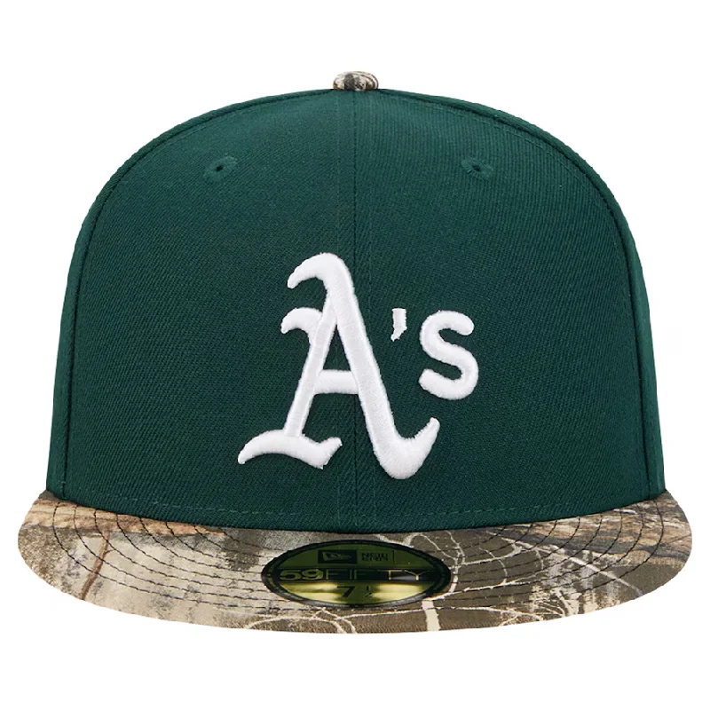 Custom Hats with Lightweight Construction-New Era Oakland Athletics Green Realtree Camo 59FIFTY Fitted Hat