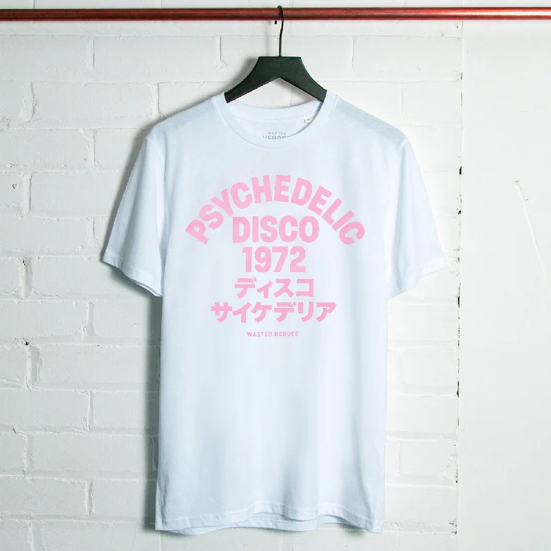 T-Shirt with Cool Graphic Designs-1972 Psychedelic Disco Front Print - Tshirt - White Pink