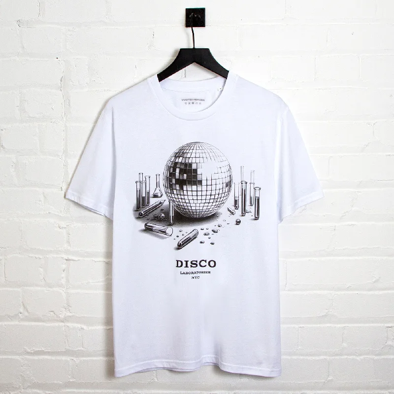 T-Shirt with Simple and Clean Designs-Disco Labs NYC Front Print - Tshirt - White