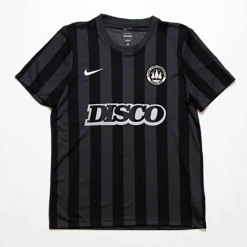 Customizable T-Shirt for Organizations-Disco Town FC Striped Division - Jersey - Black Grey