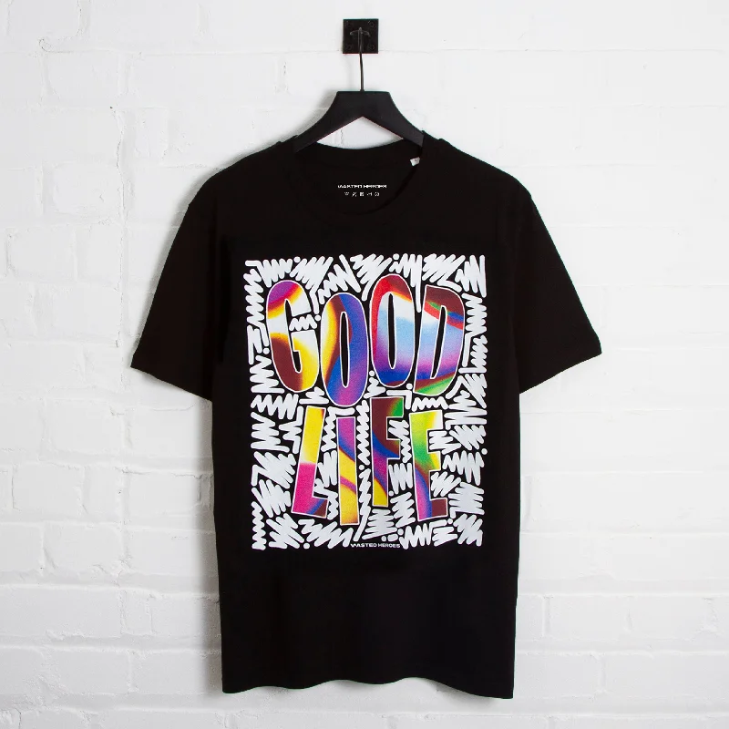 T-Shirt with Cool Designs-Doodle Good Life 2 Front Print - Tshirt - Black