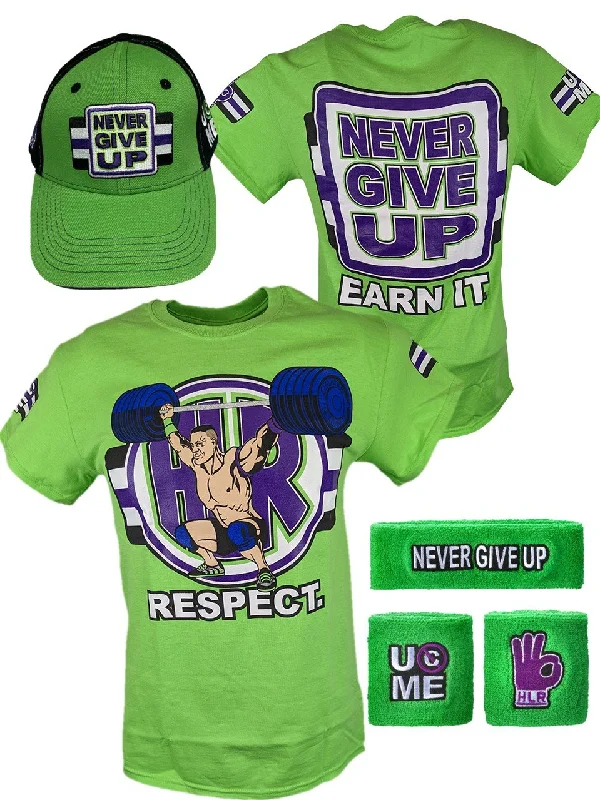 T-Shirt with Team Logos and Designs-John Cena Cenation Respect Green Mens Costume Hat T-shirt Wristbands