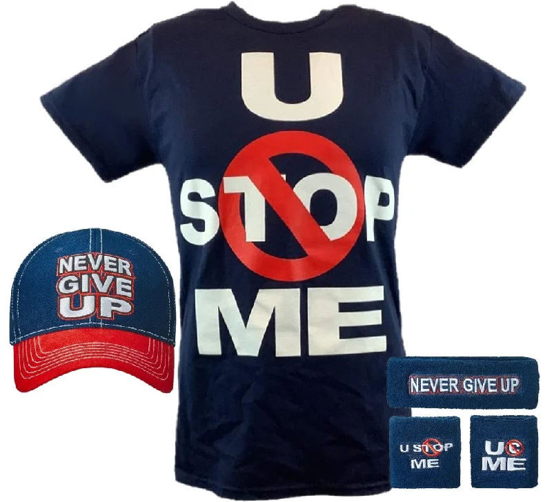 T-Shirt for Customized Work Wear-John Cena Navy Blue U Can't Stop Me Kids Boys Costume T-shirt Hat Wristbands