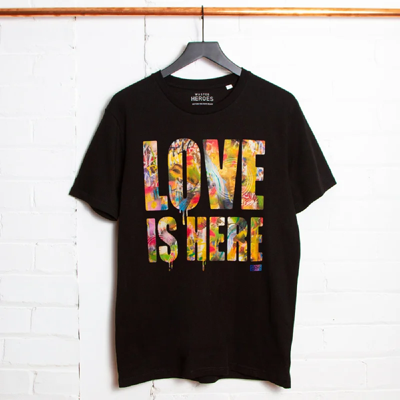 T-Shirt with Colorful Designs-Love Is Here Front Print - Tshirt - Black