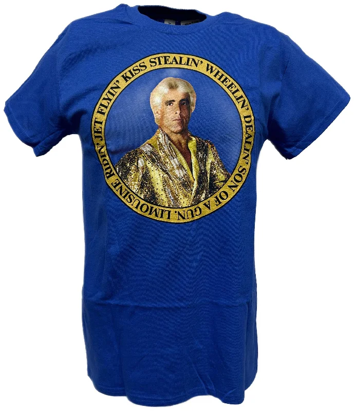 T-Shirt for Trendy Fashion-Ric Flair Wheelin Dealin Kiss Stealin Jet Flyin WWE Mens Blue T-shirt