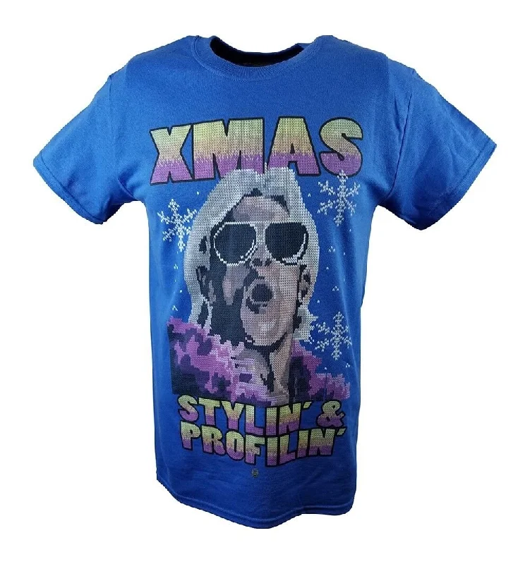 T-Shirt for Company Giveaways-Ric Flair Xmas Stylin and Profilin WWE Mens Blue T-shirt