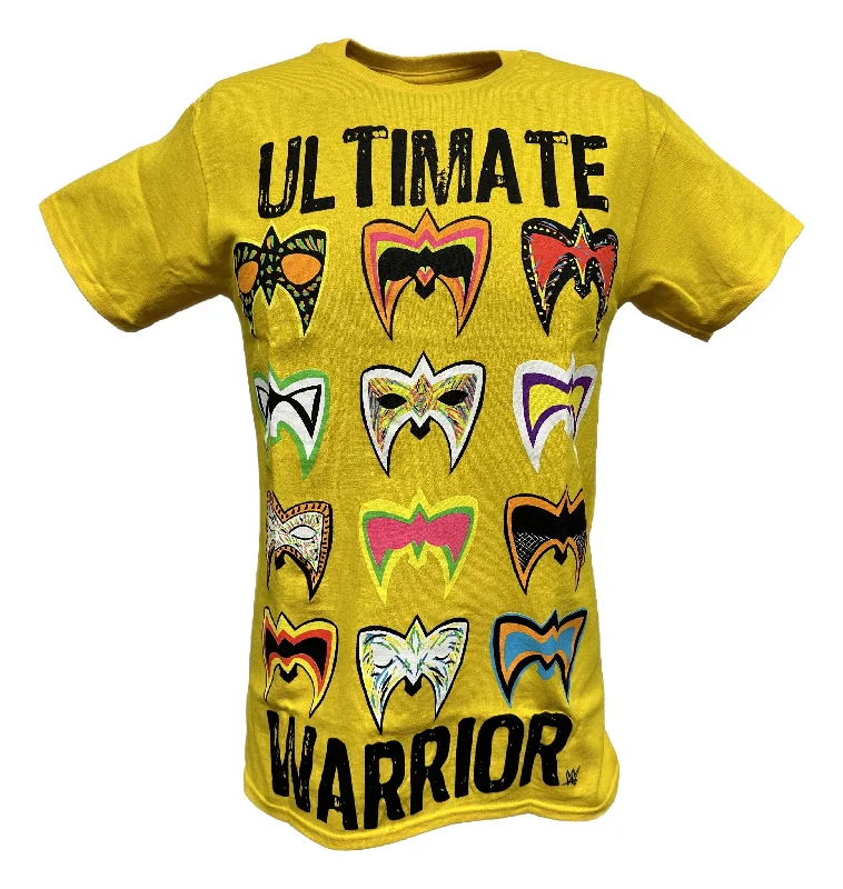 T-Shirt for Bachelor and Bachelorette Parties-The Ultimate Warrior Multiple Masks Mens Yellow WWE T-shirt