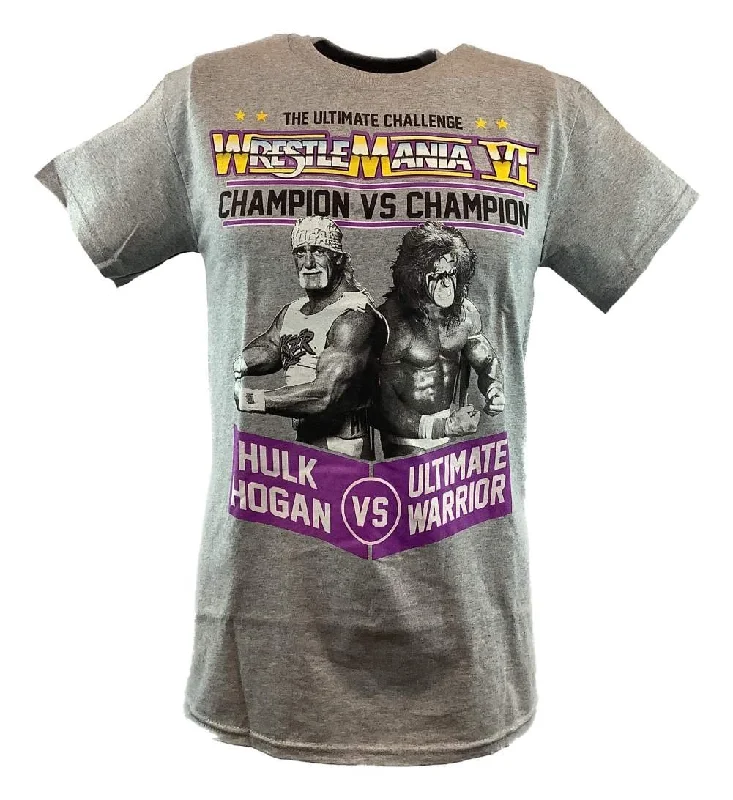 T-Shirt for Moisture-Wicking Fabric-Wrestlemania 6 Hulk Hogan Ultimate Warrior Mens Gray T-shirt